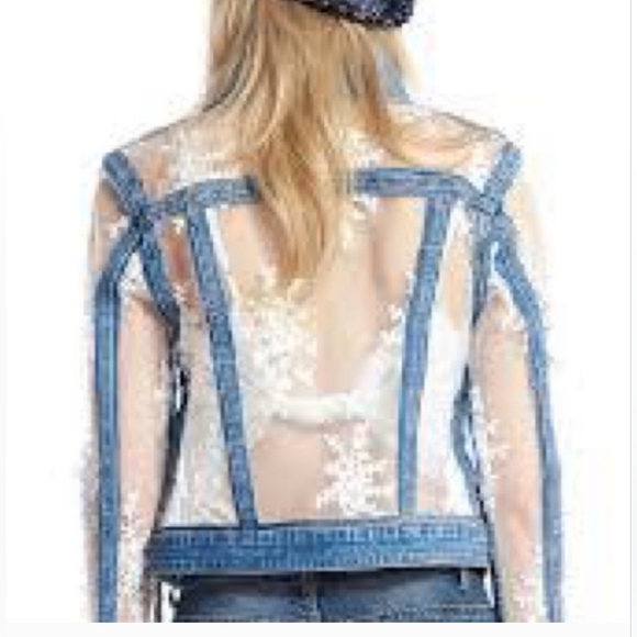 Gracia frayed denim trim lace embroidered denim jean jacket - Picture 4 of 5